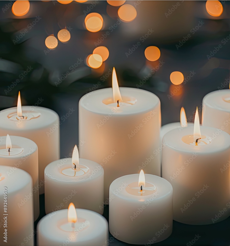 A group of white candles burn brightly, casting warm light and reflecting on a dark surface. White roses surround the candles, creating a romantic and serene atmosphere A group of white candles burn brightly, casting warm light and reflecting on a dark surface. White roses surround the candles, creating a romantic and serene atmosphere