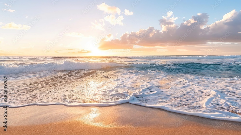 Obraz premium Calm Ocean Waves Rolling Onto Sandy Beach at Sunset