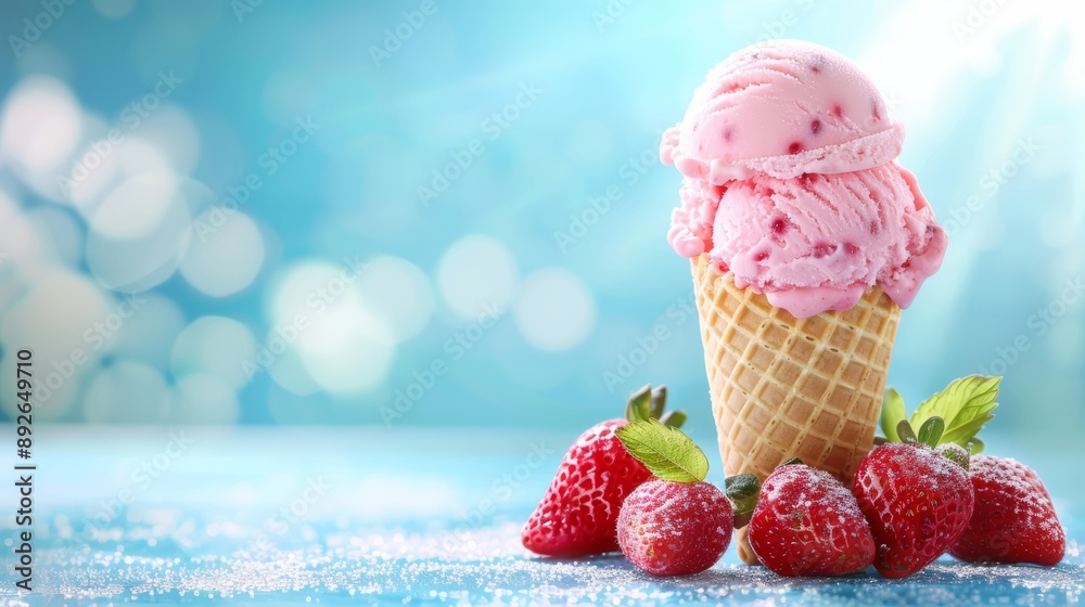 Strawberry Ice Cream Cone with Fresh Strawberries Strawberry Ice Cream Cone with Fresh Strawberries