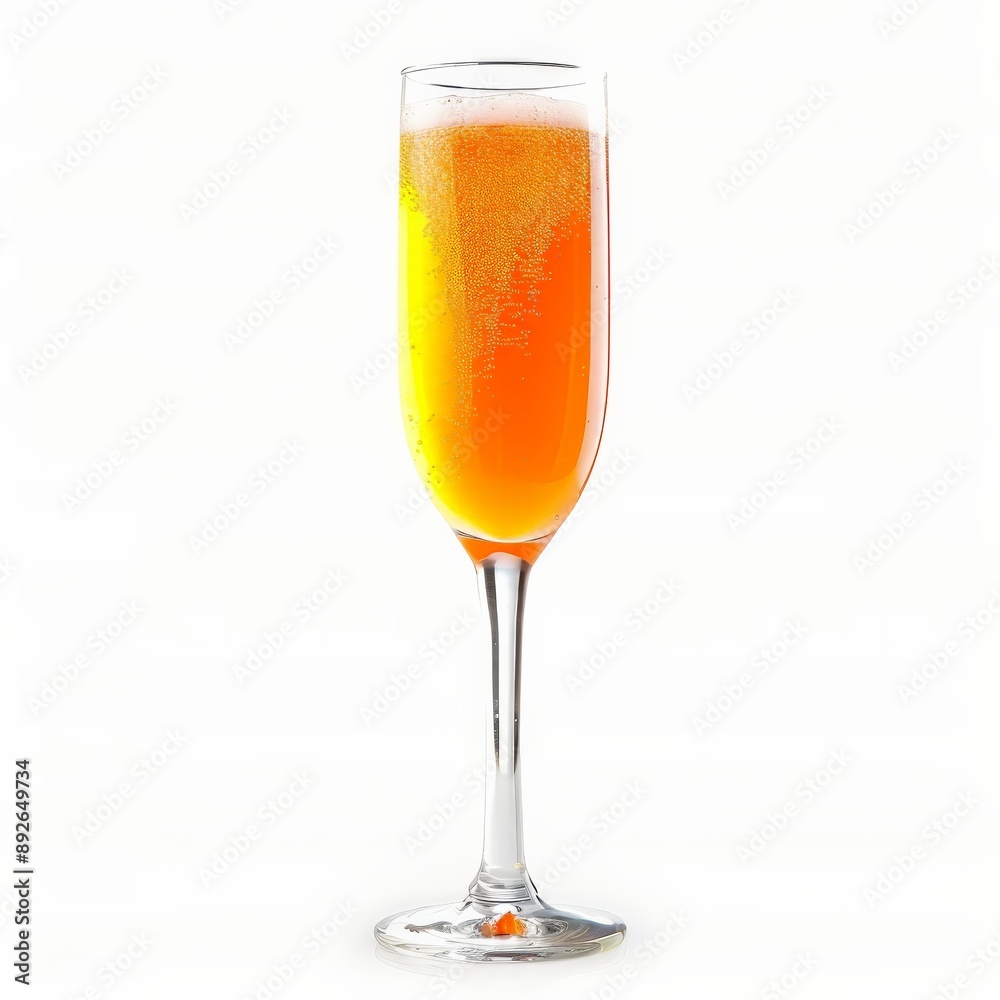 A Bellini cocktail, made with peach purée and prosecco, on white background A Bellini cocktail, made with peach purée and prosecco, on white background