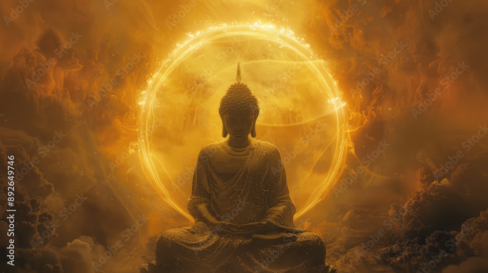 Buddha depicted with a luminous halo, emphasizing his state of enlightenment and inner peace. Buddha depicted with a luminous halo, emphasizing his state of enlightenment and inner peace.