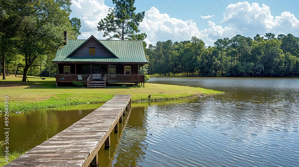 Fototapeta premium Wooden Cabin by the Lake on a Sunny Day