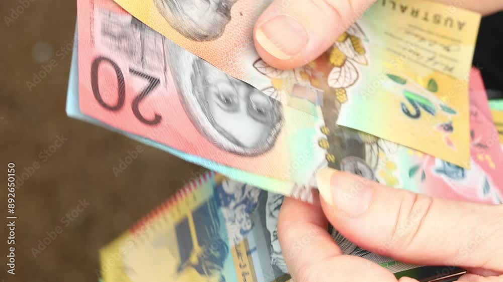 Woman counts Australian dollars, close up, Financial concept