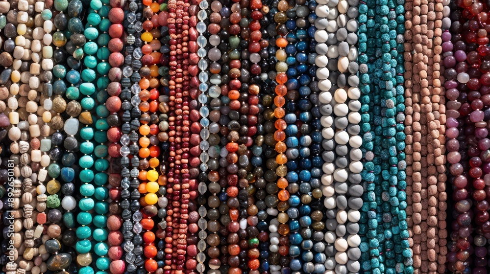 Display of beaded necklaces of different lengths and bead sizes in a boutique. Display of beaded necklaces of different lengths and bead sizes in a boutique.
