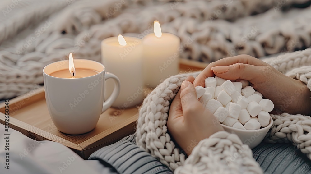A warm mug of hot chocolate with marshmallows sits on a wooden tray next to a soft blanket and glowing candles, creating a cozy winter scene