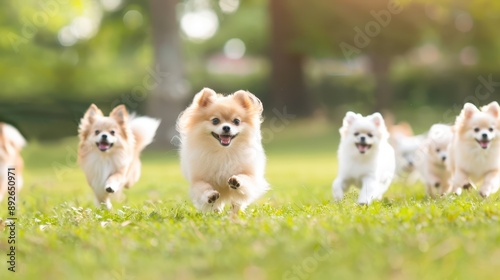 Excited Pomeranian dog running towards the camera on a sunny day in the park, with other dogs in the background.