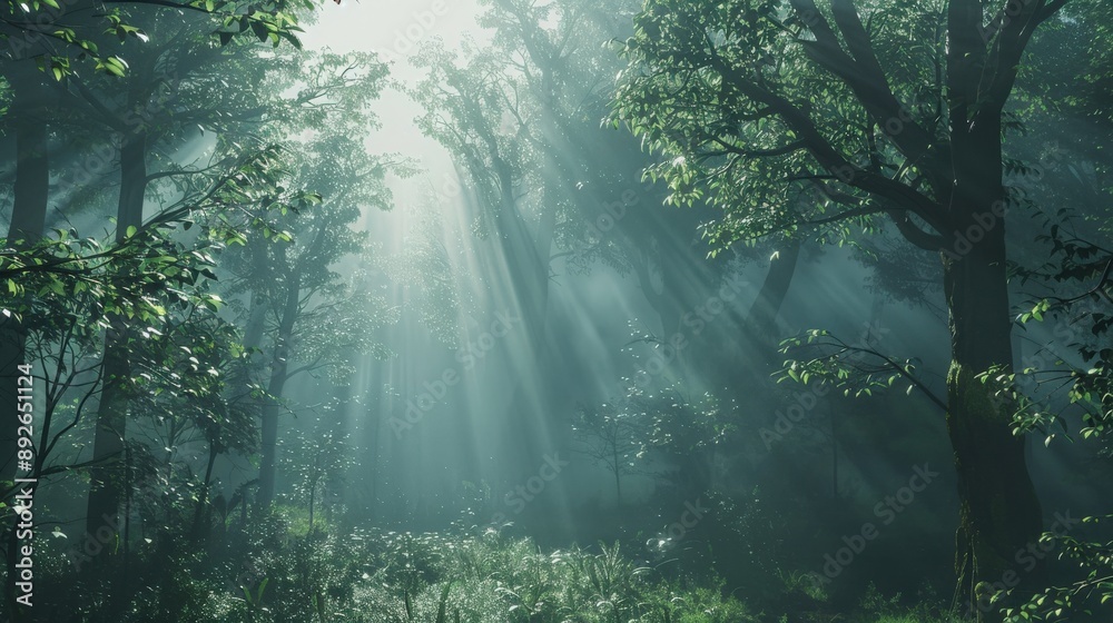 Misty morning in a dense forest, with rays of sunlight piercing through the fog Misty morning in a dense forest, with rays of sunlight piercing through the fog