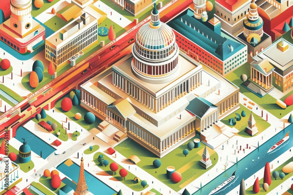 Fototapeta premium Isometric Illustration of a Cityscape With a Large Building and a River