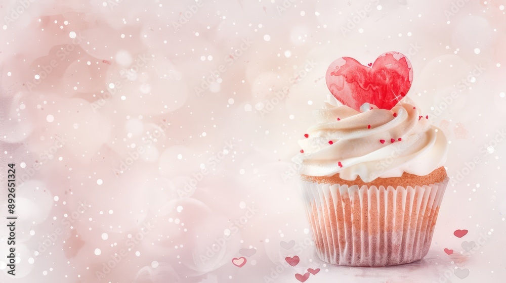Pink frosted cupcake with a heart topper on a pastel pink background. Sweet and romantic dessert concept. Pink frosted cupcake with a heart topper on a pastel pink background. Sweet and romantic dessert concept.