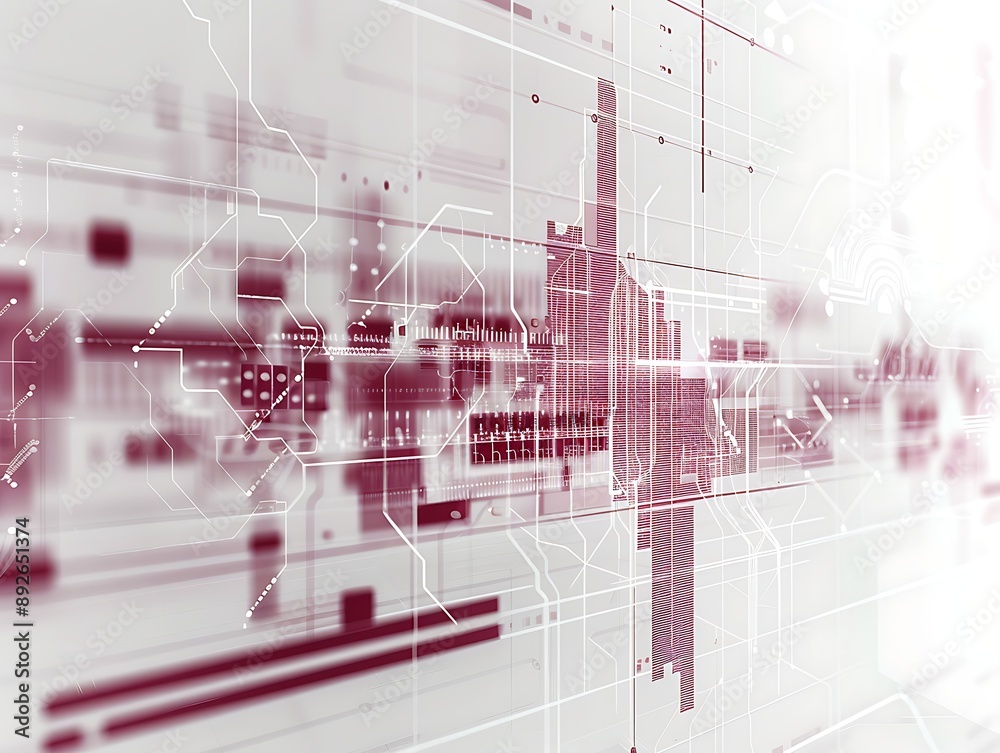 Fototapeta premium Elegant Minimalist Tech Background in White and Maroon with Digital Waveforms in an Audio Engineering Lab, Ideal for High-Tech Communication and Innovation Themes