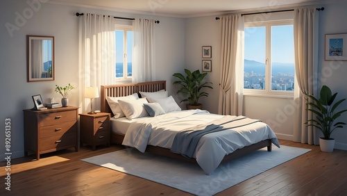 Cozy bedroom with a large window and a view of the city.