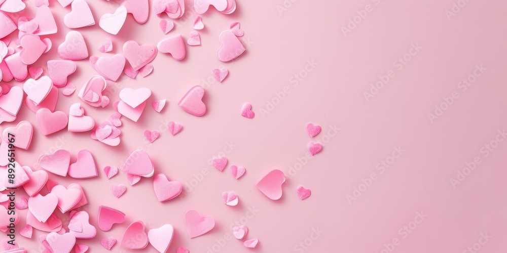 Pink background with various pink heart-shaped confetti. Festive and romantic. Pink background with various pink heart-shaped confetti. Festive and romantic.