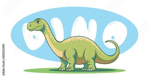 Vector illustration. Cartoon cute kind big spotted green dinosaur. Prehistoric animal. Dino. Ancient wildlife. Brontosaurus or titanosaur.