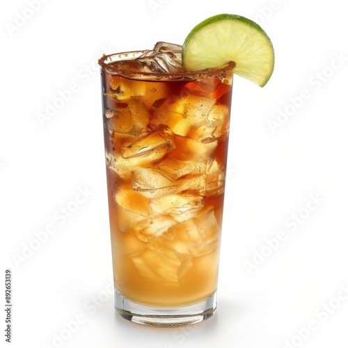 A tall glass of iced dark n stormy with a lime wedge garnish photo