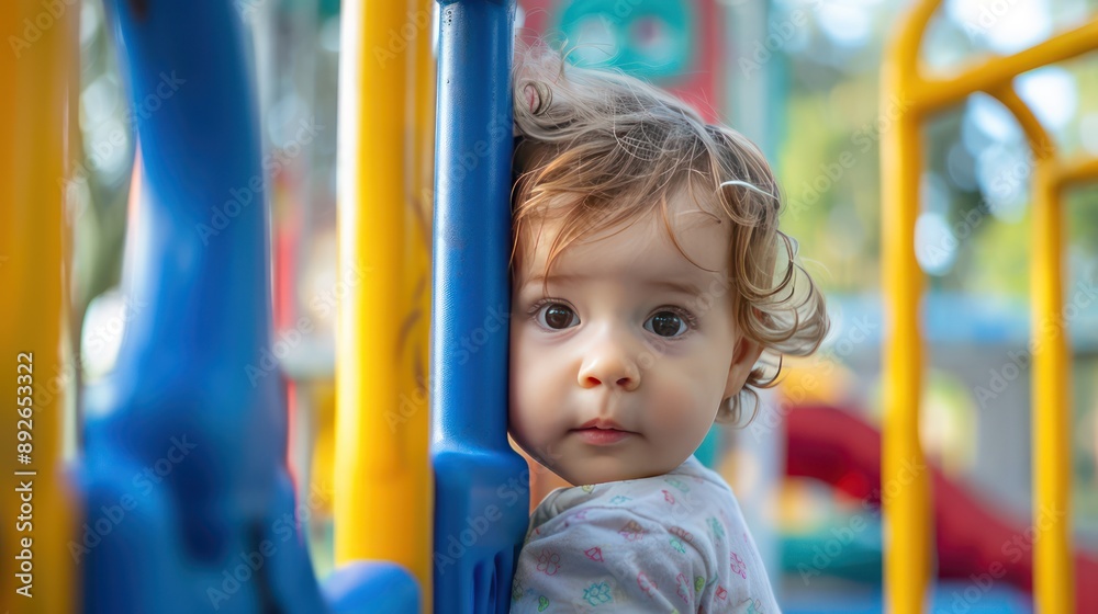 Child portrait of a toddler exploring a playground with curiosity. Child portrait of a toddler exploring a playground with curiosity.