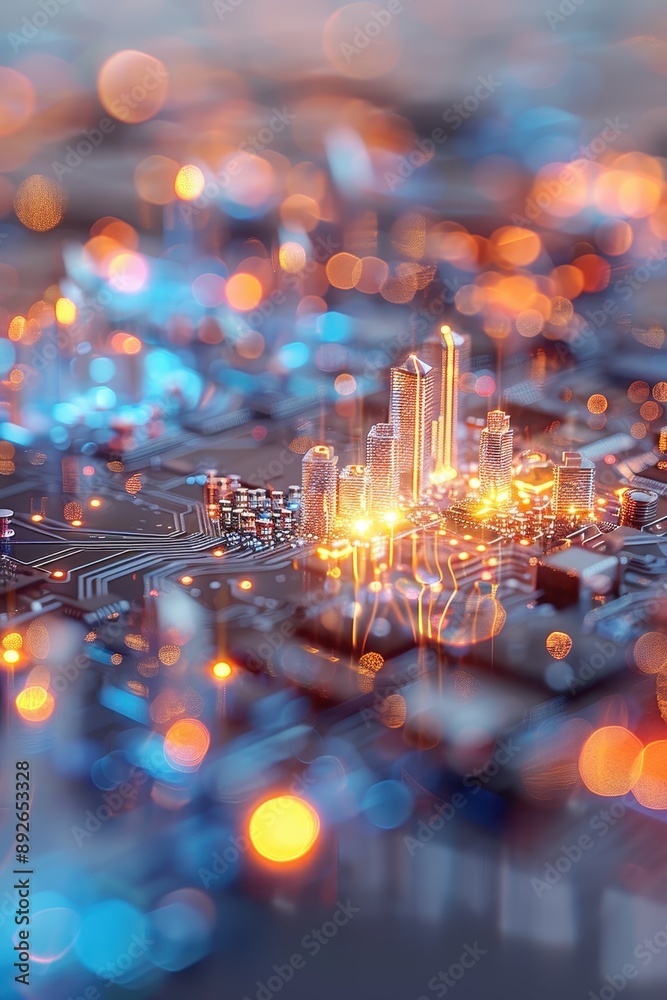 Fototapeta premium A computer chip is lit up with orange lights. The chip is surrounded by a black background. Concept of technology and innovation