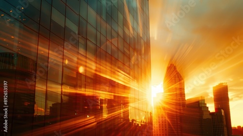 A city skyline with a beautiful sunset in the background. The city is lit up with lights, creating a warm and inviting atmosphere