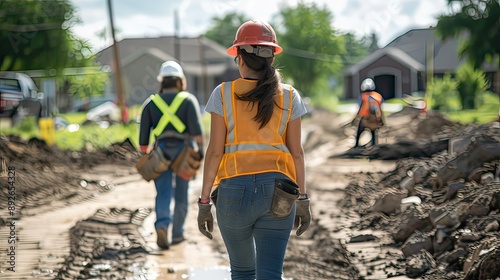 Woman directing construction workers, walking thru site 