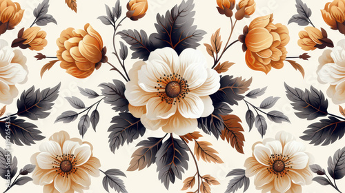 Elegant vintage floral pattern featuring beige and brown flowers with dark leaves on a light background, creating a classic and timeless design