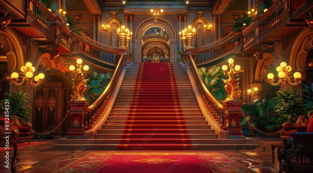 Obraz premium A red carpeted staircase leads to the entrance of an opulent hall, flanked by gold statuesques and ropes.