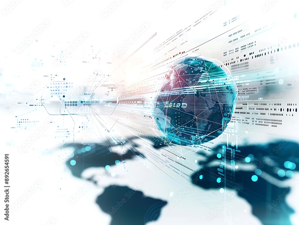 Obraz premium Futuristic Abstract Tech: Global Communication and Data Analysis on White Background, Cyber Exploration and Analysis