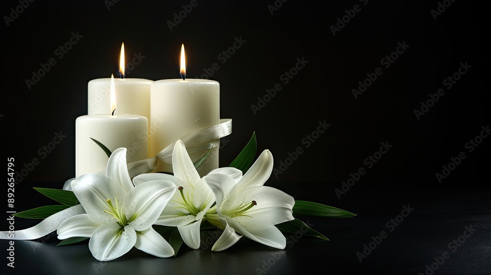 Two white candles with flames are burning, set on a black surface with a white lily flower and a bow Two white candles with flames are burning, set on a black surface with a white lily flower and a bow
