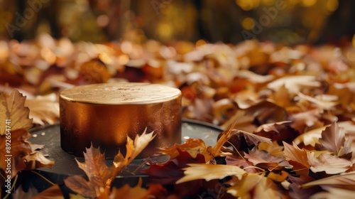 sleek, metallic cake with a brushed bronze finish, set against a backdrop of autumn leaves in rich, earthy tones