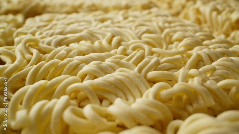 Uncooked instant noodles rotating. Asian fast food. Precooked blocks. Large quantity of instant ramen noodles, showcasing intricate details of dried pasta. Close-up in 4K, UHD Uncooked instant noodles rotating. Asian fast food. Precooked blocks. Large quantity of instant ramen noodles, showcasing intricate details of dried pasta. Close-up in 4K, UHD