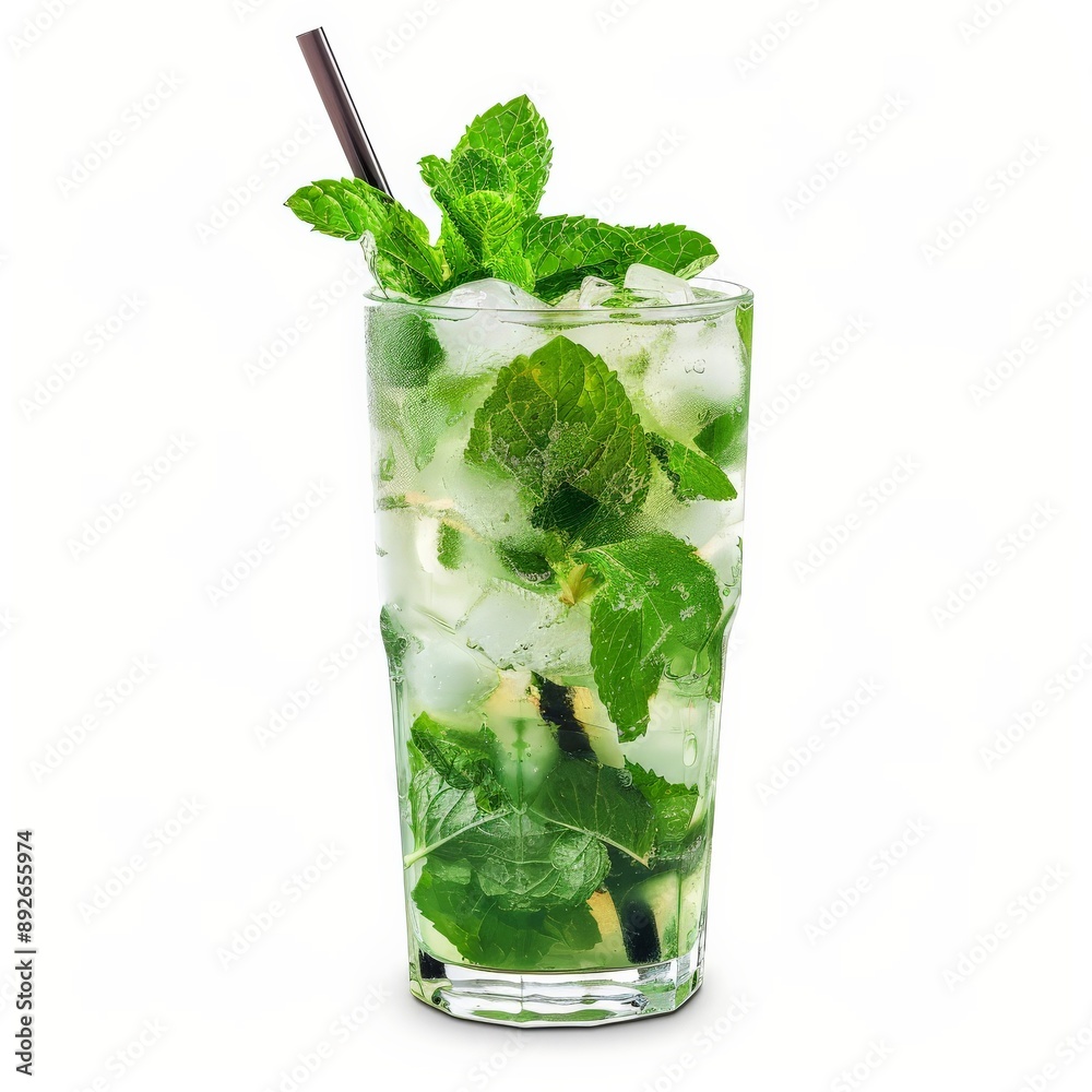 A tall glass filled with ice, mint leaves, and a clear, sparkling beverage A tall glass filled with ice, mint leaves, and a clear, sparkling beverage