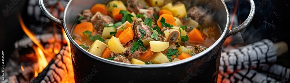 A bowl of food with meat and vegetables in it. The bowl is brown and has a wooden handle A bowl of food with meat and vegetables in it. The bowl is brown and has a wooden handle