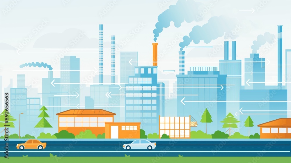 Infographic-style image showing different greenhouse gas sources like cars Infographic-style image showing different greenhouse gas sources like cars