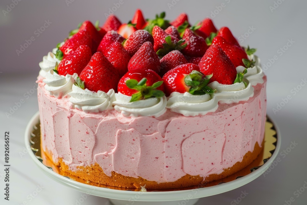 Close-up of a strawberry cake with whipped cream topping on a white background Close-up of a strawberry cake with whipped cream topping on a white background