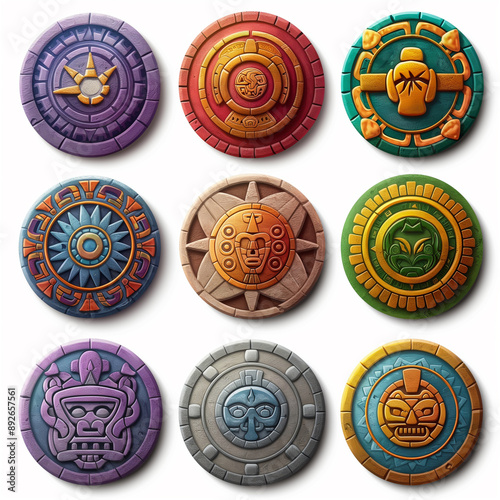 Asset of the Aztec and Maya coins, game element, video game, Illustration