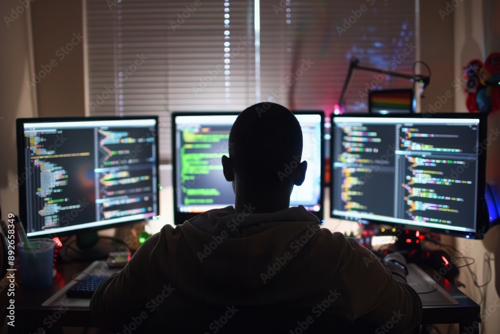 Silhouette of a Person Working Late at Night on a Computer With Multiple Monitors Silhouette of a Person Working Late at Night on a Computer With Multiple Monitors