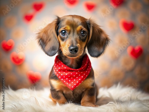 Adorable dachshund puppy dons heart-patterned bandana, proudly posing with irresistible puppy dog eyes, fluffy fur, and wagging tail, exuding charm and affection on Valentine's Day. photo