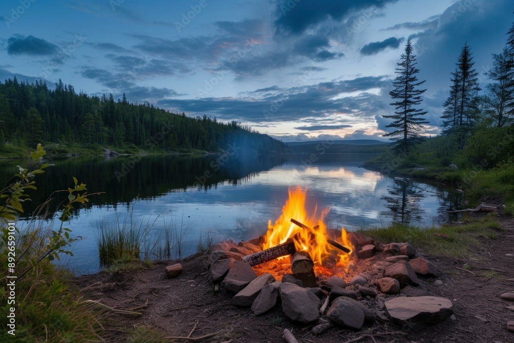 Tranquil campfire by a calm forest lake during a beautiful twilight, with reflections on the water Tranquil campfire by a calm forest lake during a beautiful twilight, with reflections on the water