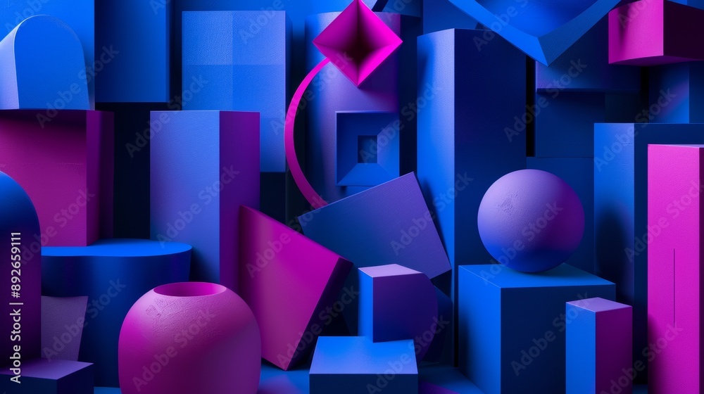 A blue and pink background with many different shapes and sizes
