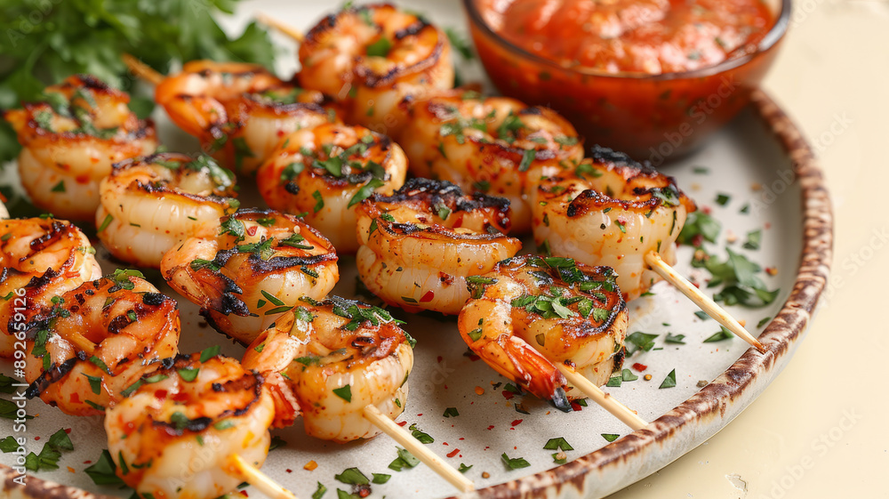 Grilled shrimp skewers with herbs and dipping sauce on a plate. Grilled shrimp skewers with herbs and dipping sauce on a plate.