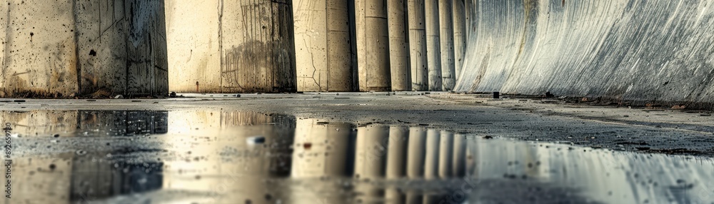 A bridge with a lot of water and debris on it. Scene is somewhat bleak and desolate, as the bridge appears to be in a state of disrepair A bridge with a lot of water and debris on it. Scene is somewhat bleak and desolate, as the bridge appears to be in a state of disrepair
