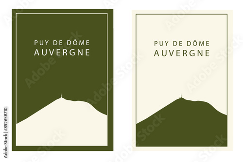 Puy de Dôme Auvergne. Minimalist Travel Poster. Green and White Mountain Silhouette. Puy de Dôme mountain illustration
