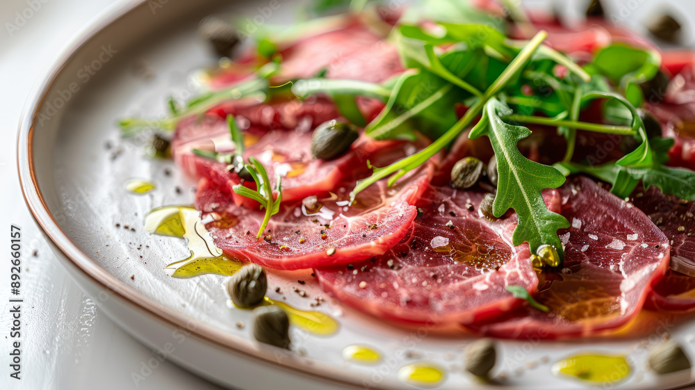 Beef carpaccio dish with arugula and capers on a plate. Beef carpaccio dish with arugula and capers on a plate.