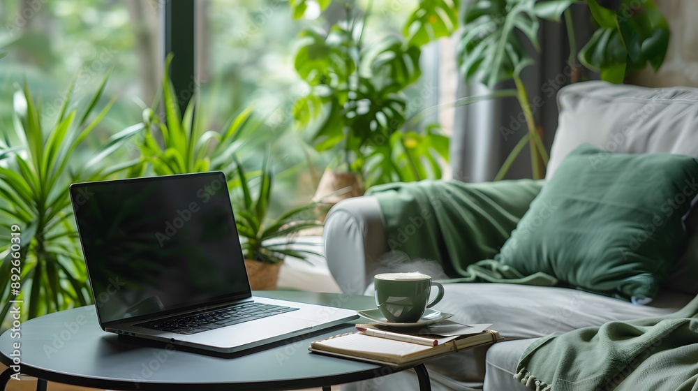 Fototapeta premium Cozy Home Office with Laptop, Plants, and Natural Light.