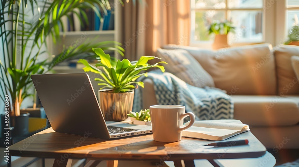 Fototapeta premium Cozy Home Office with Laptop, Plants, and Natural Light.