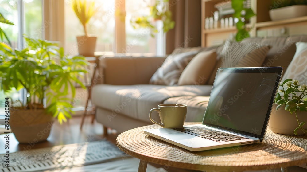 Cozy Home Office with Laptop, Plants, and Natural Light. Cozy Home Office with Laptop, Plants, and Natural Light.