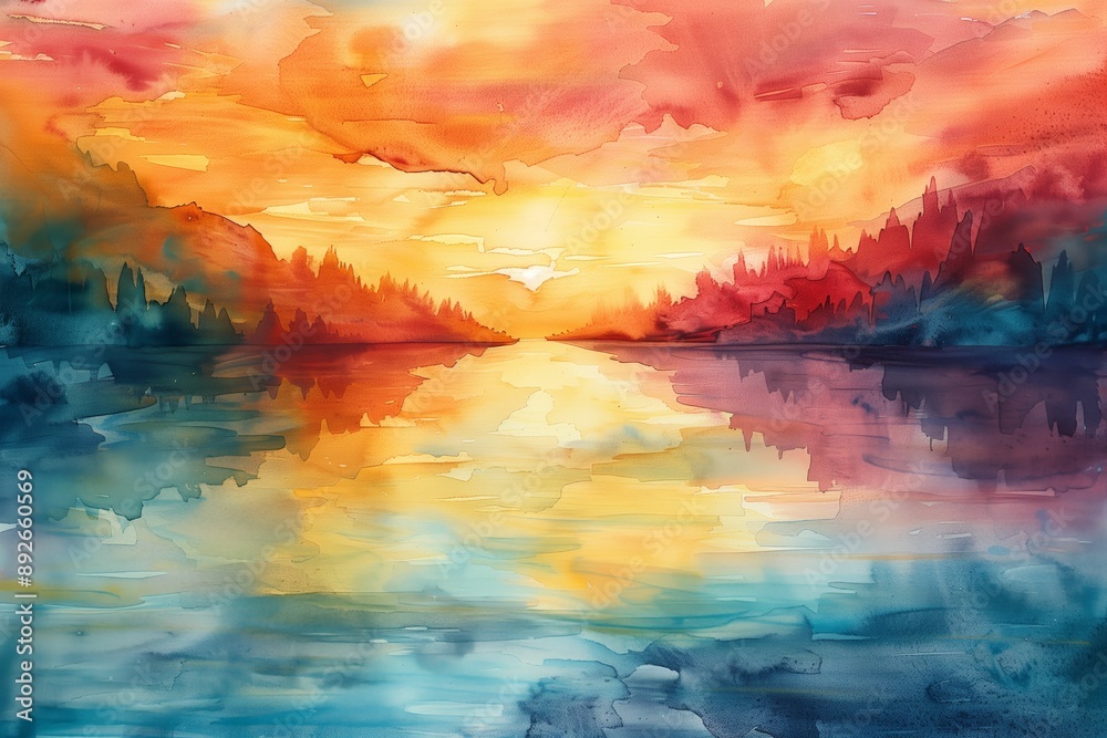 Fototapeta premium Vibrant Watercolor Sunset Over Serene Lake with Reflective Water and Colorful Sky