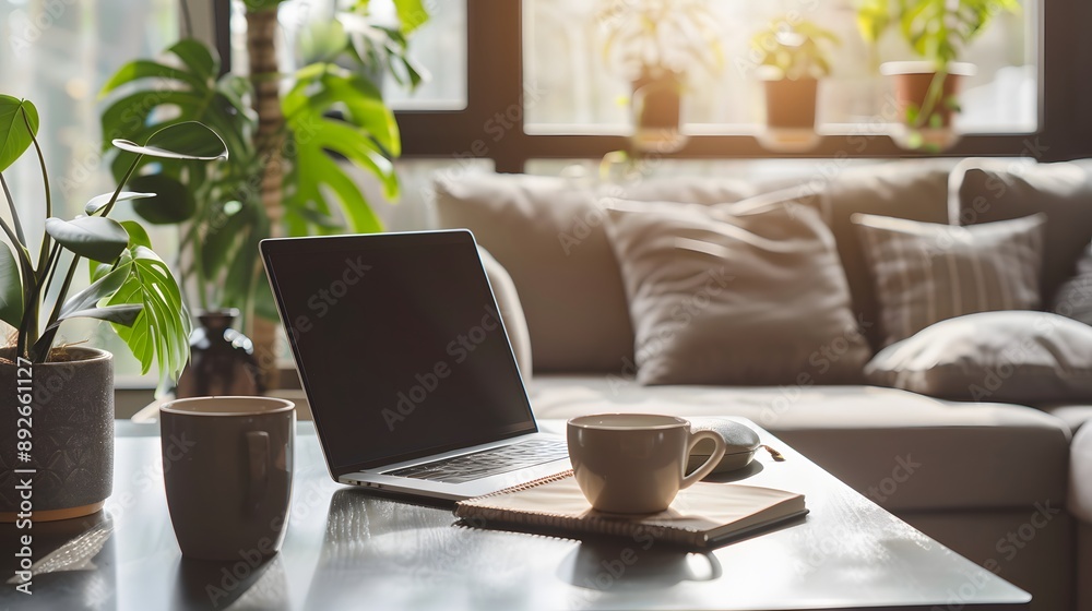 Cozy Home Office with Laptop, Plants, and Natural Light. Cozy Home Office with Laptop, Plants, and Natural Light.