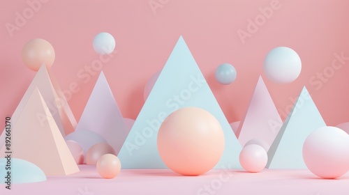 A colorful scene of balls and triangles on a pink background