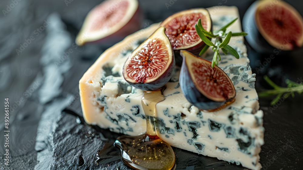 Close-up of creamy blue cheese with figs and honey drizzle Close-up of creamy blue cheese with figs and honey drizzle