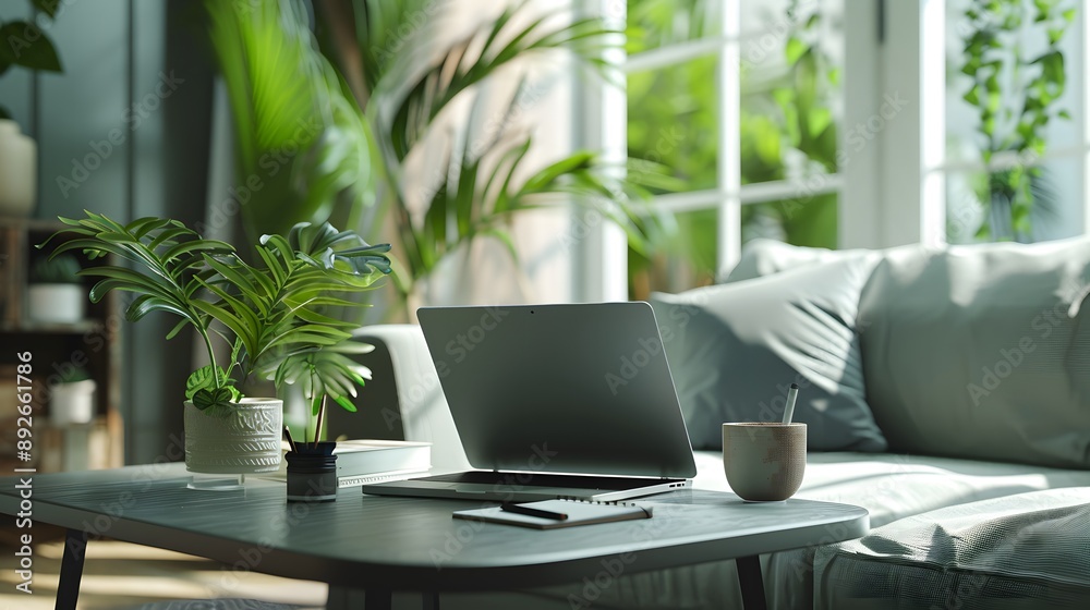 Cozy Home Office with Laptop, Plants, and Natural Light. Cozy Home Office with Laptop, Plants, and Natural Light.