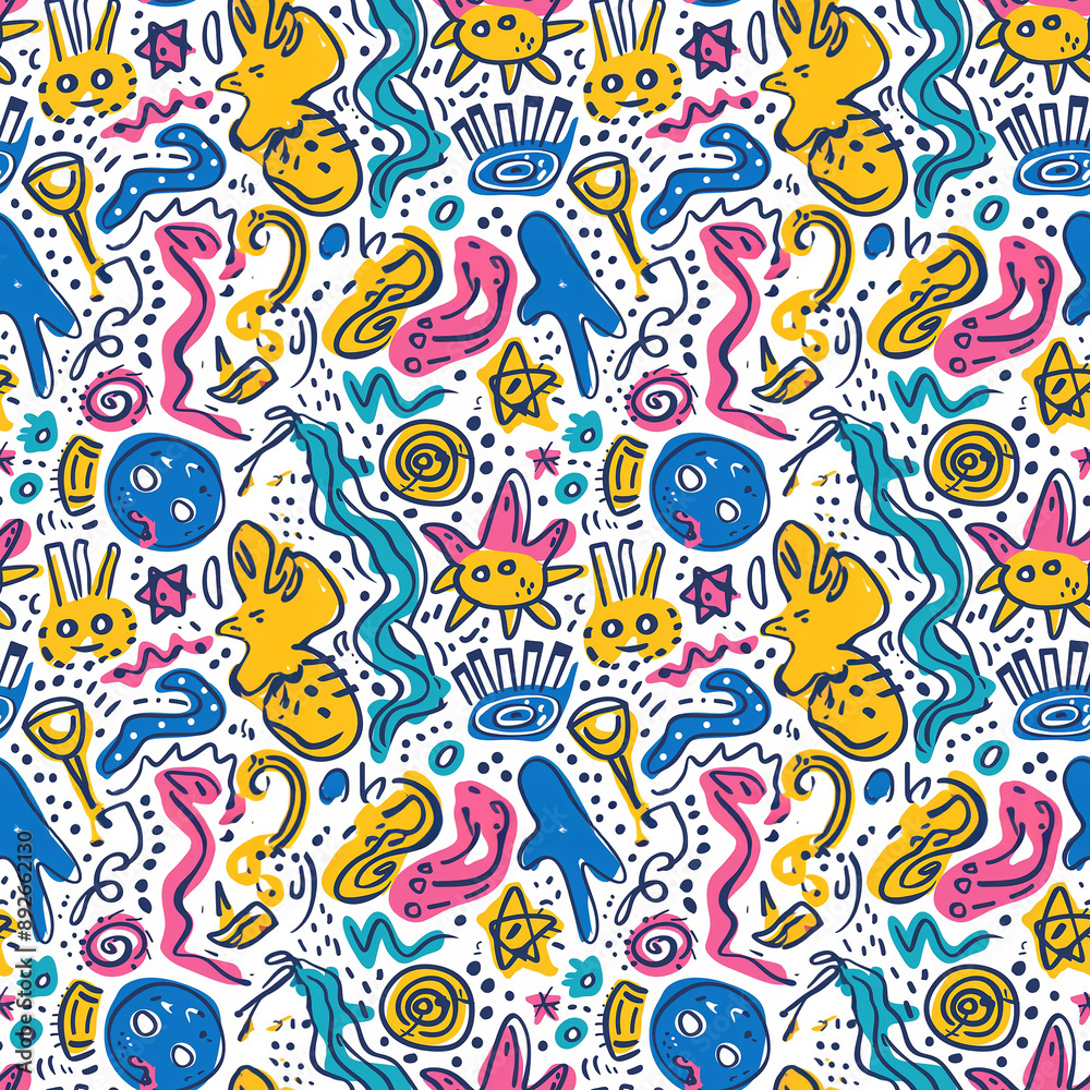 Naklejka premium Colorful hand-drawn abstract pattern with geometric shapes and stars